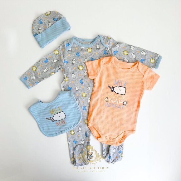 Other - NWT Cute Baby Sleep N' Play Footie Onesie Bib & Hat 4 Piece Matching Set 6-9M